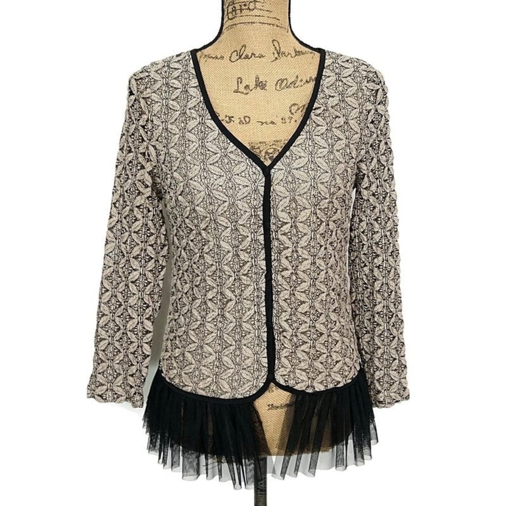 A'reve Cardigan Jacket Womens Medium Tan Black Lace Tulle Ruffle Hem AJ4241-F13